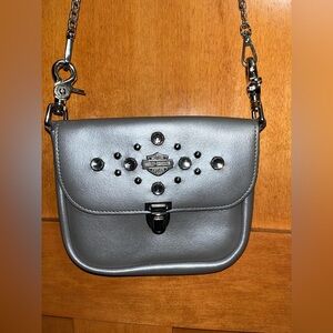Harley-Davidson Gray Metallic Silver Studded Leather Bag Crossbody Purse